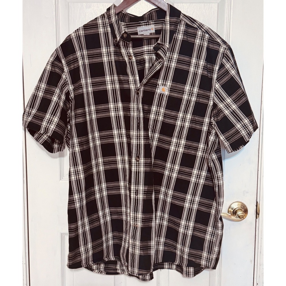 Carhartt Mens 2XL Relaxed‎ Fit Plaid Short Sleeve Button Up Shirt Black